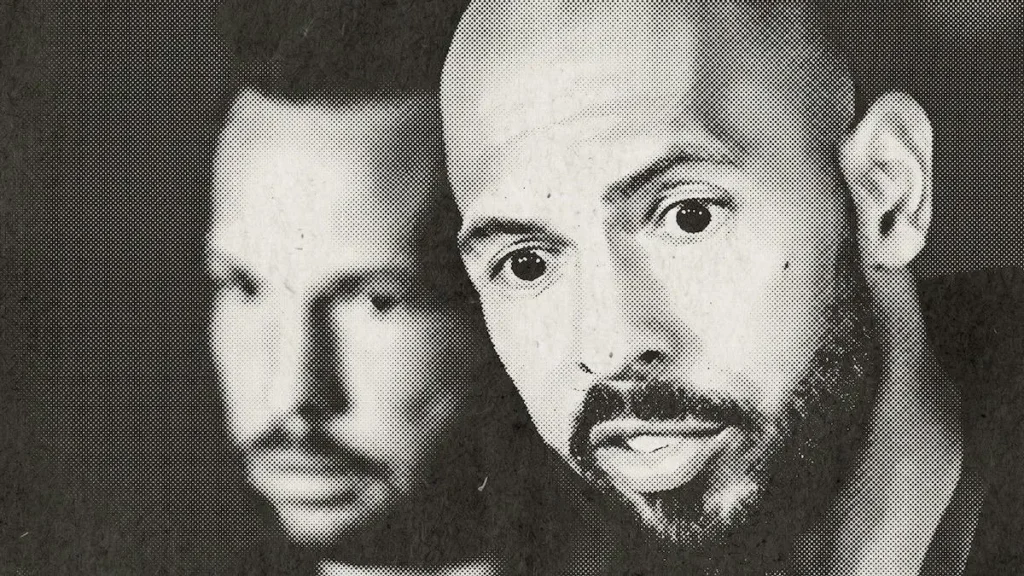 The image is a halftone-style news photo featuring two individuals, one of whom is bald and has a beard.