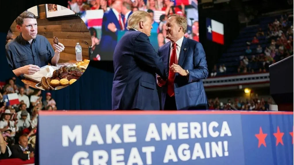 The image shows a political rally with a sign reading "MAKE AMERICA GREAT AGAIN!" and two men shaking hands on stage, while a smaller inset image shows a man eating food at a table.
