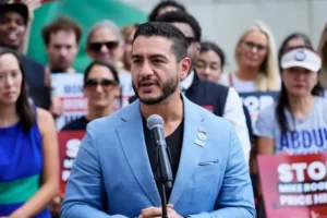 A man in a blue suit speaks into a microphone at a public event, surrounded by a group of people holding signs.