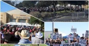 The news photo shows a large crowd gathered outside a coliseum, with some individuals wearing cowboy hats, and another section featuring protesters holding signs.