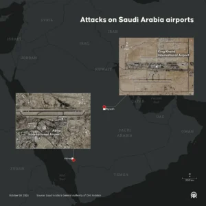The map highlights the locations of King Khalid International Airport and Abha International Airport in Saudi Arabia, indicating the sites of attacks as of October 08, 2026.