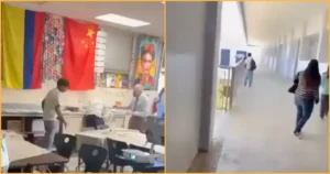 The image shows a classroom with students and a teacher, alongside a hallway where individuals are walking.