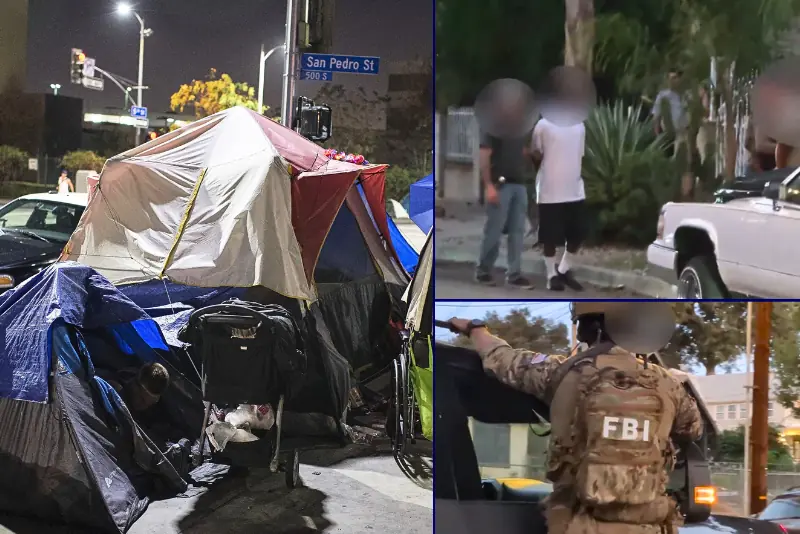 The news photo depicts a homeless encampment on San Pedro Street at night, alongside images of law enforcement and individuals in a residential area.