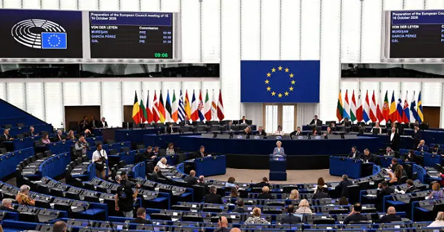 The image shows a formal meeting at the European Parliament, with a speaker addressing the assembly in front of the European Union flag and various national flags.