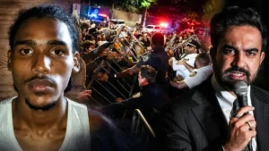 The news photo depicts a tense scene with a crowd of people and police officers, suggesting a protest or confrontation.