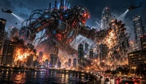 A massive robotic creature attacks a city, causing widespread destruction and chaos.