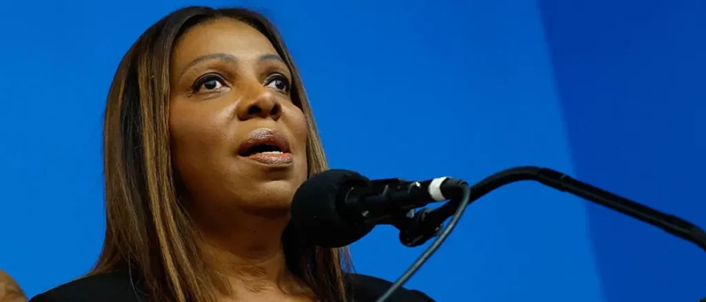 A woman is speaking into a microphone against a blue background.