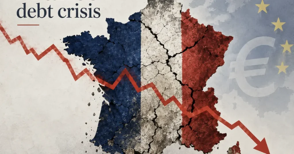 The image depicts a map of France with a cracked texture, symbolizing economic instability, and a downward arrow labeled "debt crisis," indicating a financial downturn.