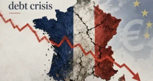 The image depicts a map of France with a cracked texture, symbolizing economic instability, and a downward arrow labeled "debt crisis," indicating a financial downturn.