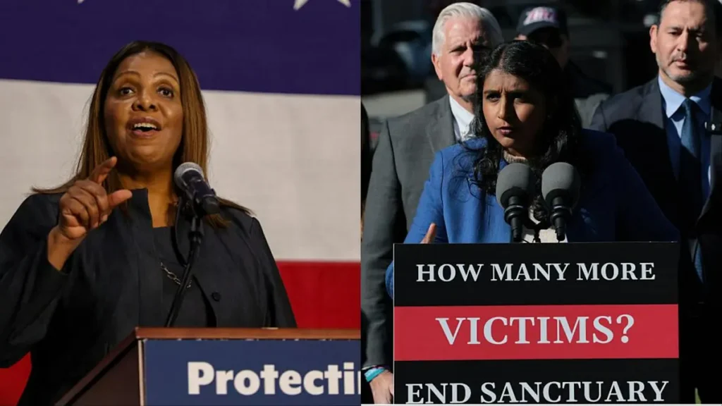 The image shows two individuals speaking at podiums, one with a sign that reads "How Many More Victims? End Sanctuary," suggesting a political or social protest context.