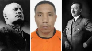 The news photo juxtaposes a mugshot of a man in an orange shirt with two historical black-and-white portraits of political figures.