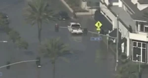 A vehicle drives through a flooded street with palm trees and buildings visible in the background.