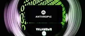 The image showcases the logo of Anthropic, an AI company, with a futuristic design featuring binary code and a reflective surface.