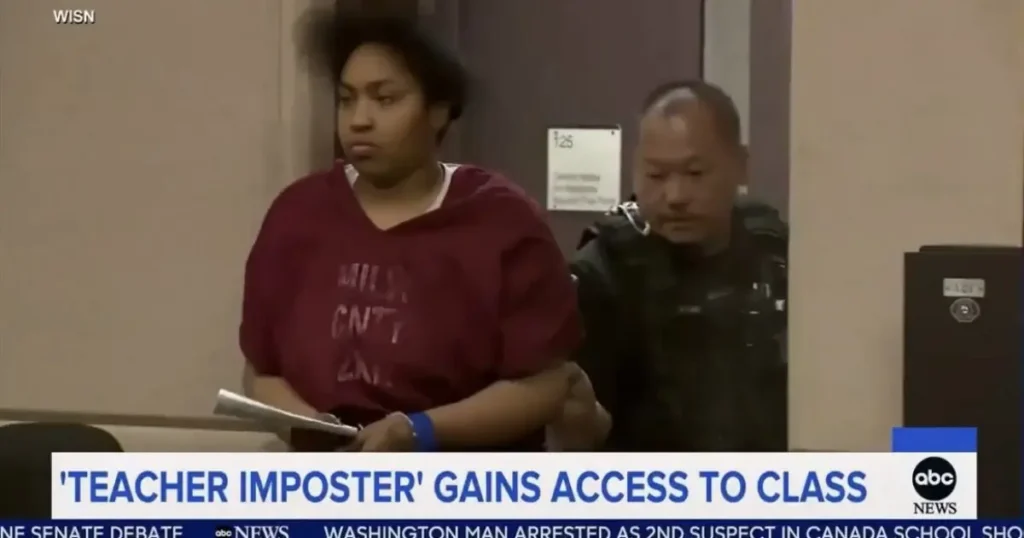 The news photo shows a person in a red shirt being escorted by a police officer, with the headline "TEACHER IMPOSTER GAINS ACCESS TO CLASS" displayed at the bottom.