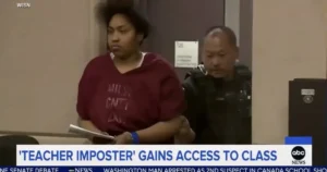 The news photo shows a person in a red shirt being escorted by a police officer, with the headline "TEACHER IMPOSTER GAINS ACCESS TO CLASS" displayed at the bottom.