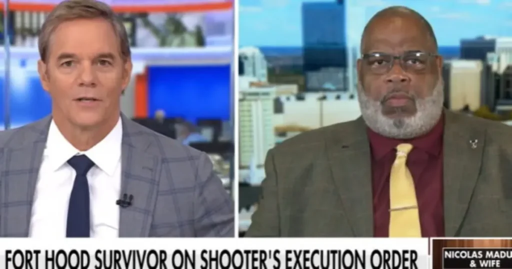 The news photo features two individuals discussing a Fort Hood survivor's perspective on the shooter's execution order.