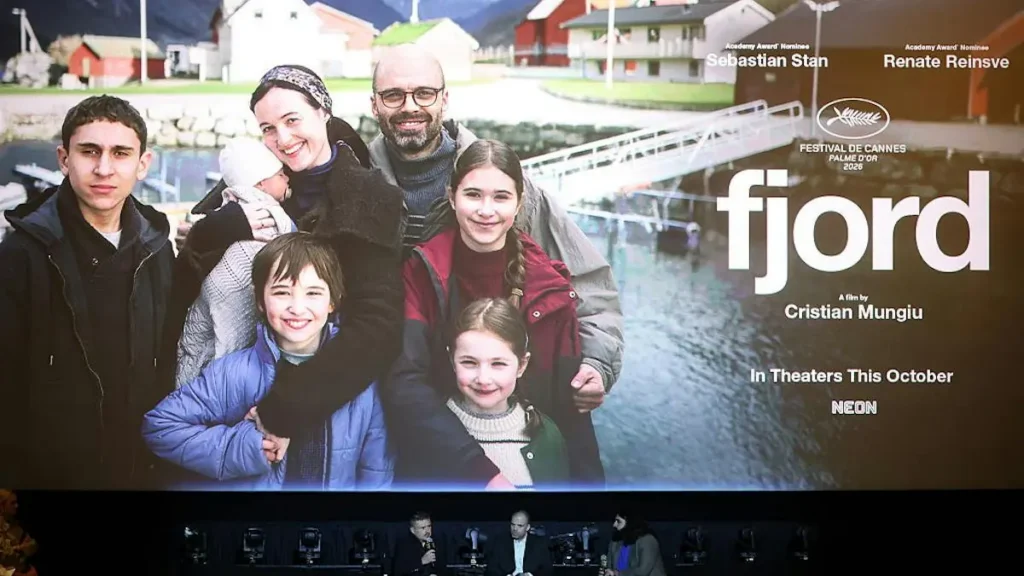 The image showcases a promotional poster for the film "Fjord," featuring a family group in front of a scenic backdrop, with the film's release details and festival recognition displayed.
