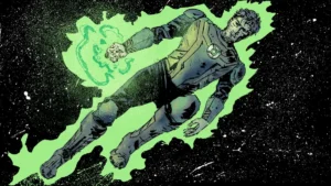 The image depicts a superhero in a dynamic pose, surrounded by a glowing green aura, suggesting the use of a power or energy field.