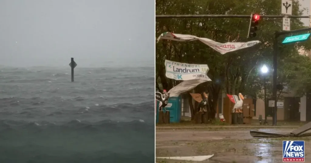 The news photo shows the aftermath of a storm, with a flooded area on the left and damaged street signs and banners on the right.